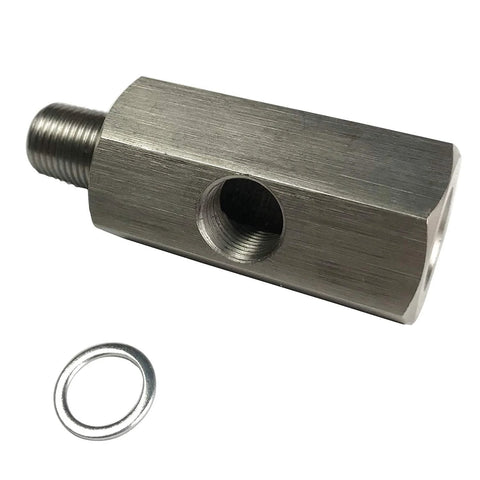 Oil pressure sensor tee adapter in stainless steel with 1/4 NPT port and 1/8 NPT side port, includes O-ring