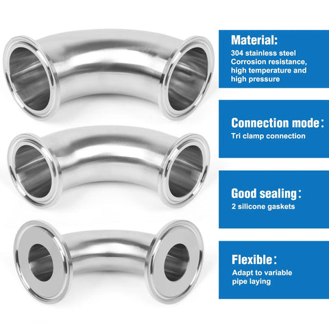 Stainless steel 304 90-degree tri-clamp elbows, 2-inch (50.5mm) OD, set of 3 for sanitary piping