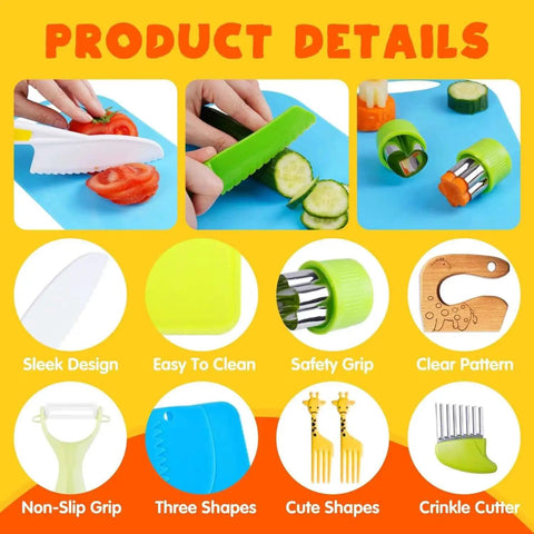 Product details for Kid Friendly Toddler Knife Set For Real Cooking With Kidz Safe Blades Protective Gloves Mini Cutting Board And Crinkle Cutters For Fruit And Veggies Safe Kitchen Tools For Little Chefs Learning Prep, showing various tools including crinkle cutters and kid-friendly knives.