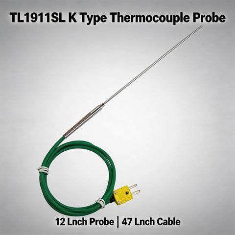 TL1911SL K-type thermocouple probe with 12-inch stainless shaft and 47-inch green silicone cable, yellow plug