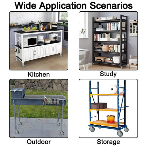 Application scenarios for 5 Inch Stem Locking Caster Wheels Set Of 4 For Wire Shelving Racks in kitchen, study, outdoor, storage