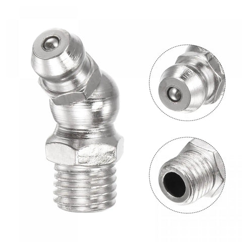 Nickel-Plated Iron 45-Degree Grease Fitting M8x1mm Thread Hydraulic Fittings Accessories 10 Pack Pro-Grade displayed
