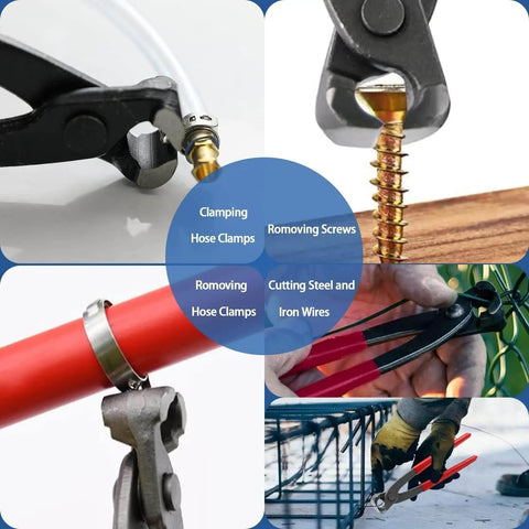 10 Inch Ear Clamp Pliers With Chrome Vanadium Steel Crimper Tool Nail Remover Pincer Crimper Tool For Pipe Hose Clamps Pro Grade Ergonomic Lever showcasing various uses including hose clamping and screw removing close-ups.