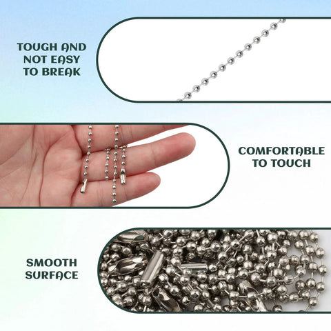 100 Pcs Stainless Steel Ball Bead Chain 4.72 Inch Dog Tag Style Chain Silver Bulk with smooth surface and hand size comparison