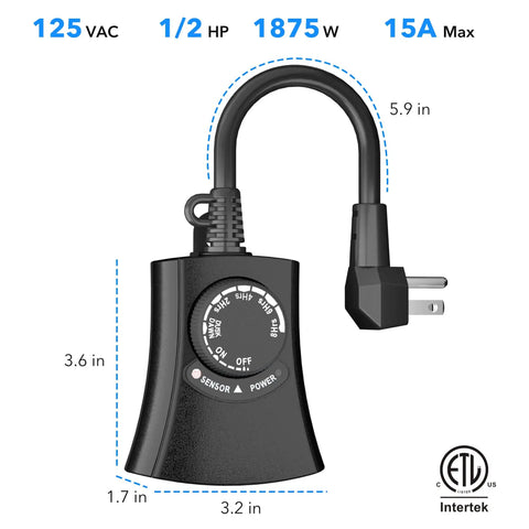Outdoor Light Timer With Photocell Sensor Waterproof Dusk To Dawn Control 2 Grounded Outlets For Christmas Lights, dimensions labeled