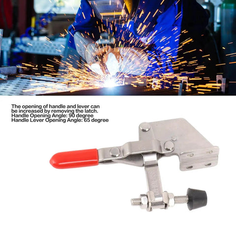 Toggle Clamp Heavy Duty 220Lbs Holding Capacity With Anti Slip Rubber Tip for woodworking jigs and fixtures, shown in welding environment.