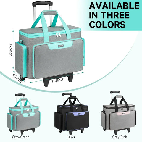 Rolling Sewing Machine Case With Wheels And Trolley Handle in three colors: Grey/Green, Black, Grey/Pink; measures 17.8 x 9.7 x 13.5 inches.