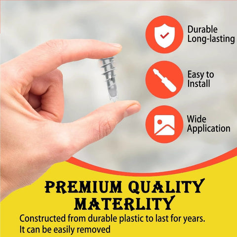 Hand holding a silver screw with icons highlighting the features: durable, easy to install, for wide application. Text emphasizes premium quality materials.