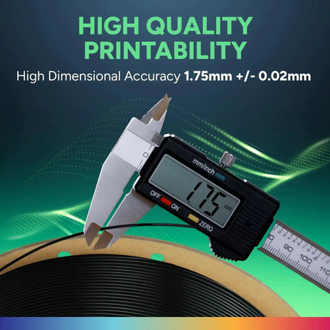 Flexible TPU Filament 1.75mm 95A Black 1kg Spool Fits Most FDM Printers with caliper showing 1.75mm diameter