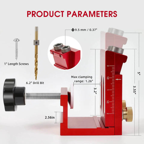 Pocket Hole Jig Kit For 2x2 And 2x4 Lumber With Drill Bit And Plugs, side view showing product dimensions and components