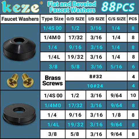 Chart of faucet washers and brass screws for Two In One Faucet And Plumbing Washer Kit With 233 Pcs Beveled And Flat Gaskets