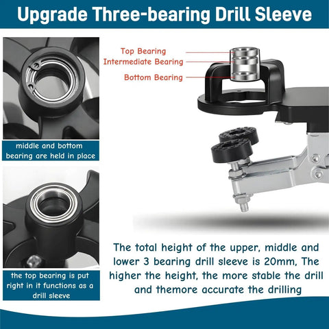 Upgrade three-bearing drill sleeve with detailed view showing top, intermediate, and bottom bearing for enhanced stability.