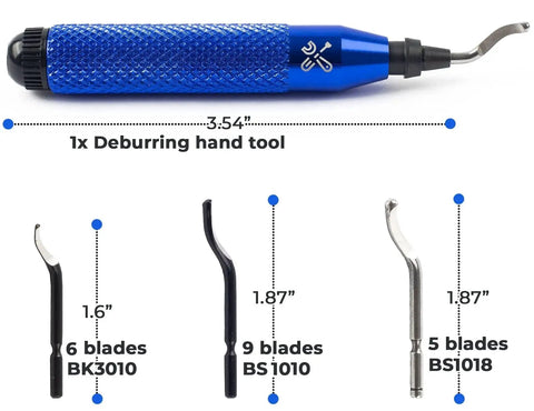 Deburring Tool Kit With 20 High Speed Steel Blades And Storage Handle For 360 Degree Swivel Burr Remover, various blade sizes shown