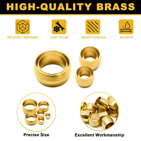 Brass compression ferrules set, 25 pcs for 5/8 in tubing; various sizes for DOT air brake, water, fuel, oil lines