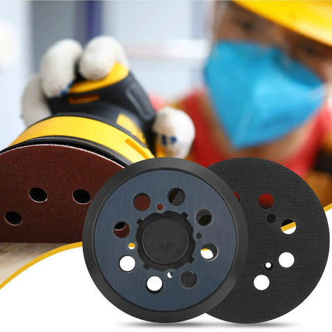 5 Inch 8 Hole Hook And Loop Sander Pad Replacement For Orbital Sanders 2 Pack in use and close up view