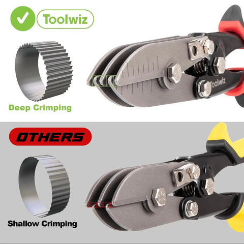 Five Blade Sheet Metal Tools Toolwiz Duct Crimping Tool for 24 to 26 Gauge Downspout and Stove Pipe in Stainless Steel Ventilation Duct Systems HVAC 10 1 2 Inch Crimper with Multi Blade for Precise Secure Duct Connections, close-up comparison of deep vs shallow crimping.