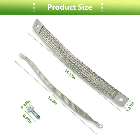 Heavy Duty Engine Ground Straps Kit With Braided Ground Wires For Battery Starter Chassis And Frame, size guide with dimensions.