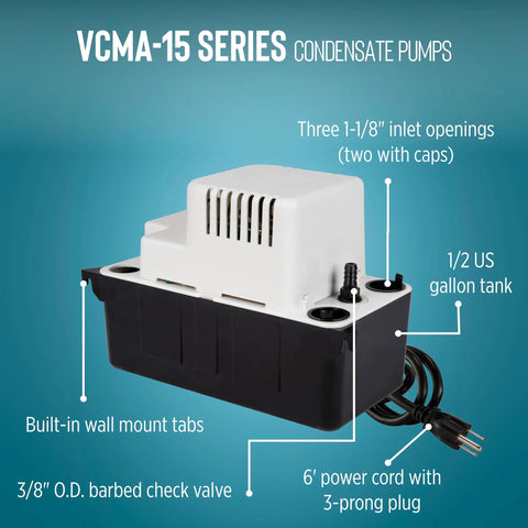 Little Giant VCMA-15 pump with white top, black base; 1/2 gal tank, 3x 1-1/8 inlets, wall-mount tabs, 6 ft cord