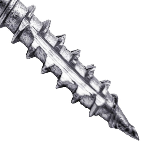 Close-up of Beefy Eight By One And One Half Inch Silver Star Stainless Steel Wood Screw With Torx Star Drive Head, Grade 305 Stainless.