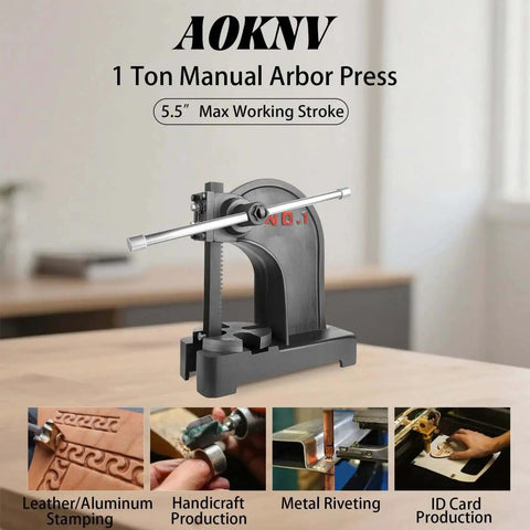 Beefy 1 Ton Manual Arbor Press With Hand Wheel for leather and metal crafting, 5.5 in stroke, shown on desktop