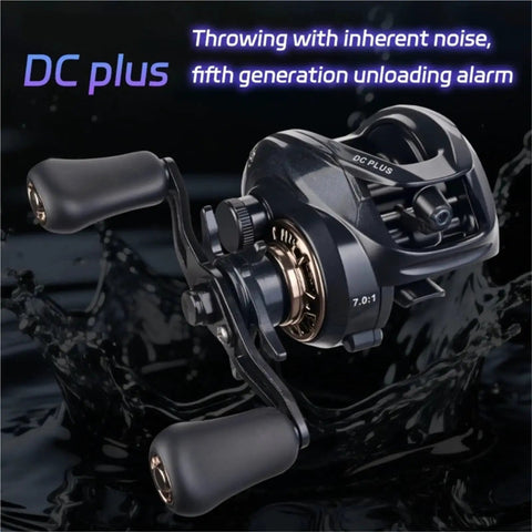 Fishing reel with 7.0:1 gear ratio, dual brake, right-hand retrieve, black body and bronze spool
