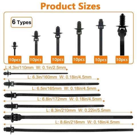 60 Pack Nylon Universal Cable Ties With Push Mount Buckles Pro Grade Heavy Duty High Temp Zip Tie Mounts Product Sizes