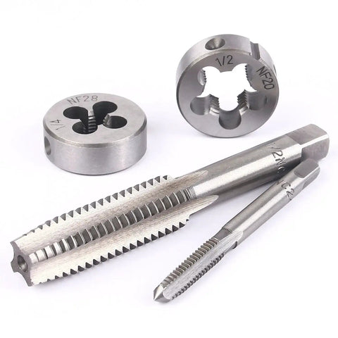 Close-up of taps and dies from the Ultimate 60 Piece Master Tap And Die Set With Inch Sizes and Metric M3 To M12 Threads