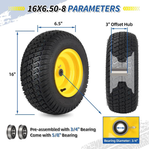 Beefy Tubeless 16X6.50-8 Lawn Mower Tires With Wheels Front Wheel Set For Riding Mowers And Garden Tractors 3 to 4.5 Inch Offset