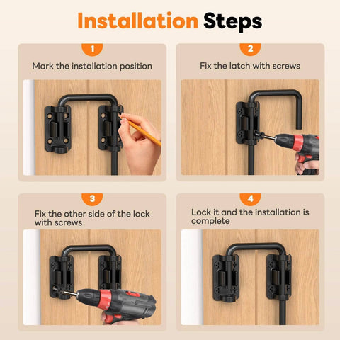 Installation steps for Beefy 2.36 Inch Stainless Steel U-Bolt Sliding Door Lock Set Black 4 Pack for patio barn gate window shed.