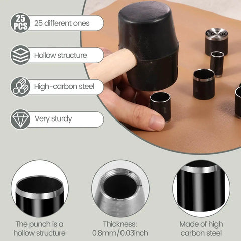 Close-up of Leather Circle Cutter Tool Set With 25 Pcs Hole Punch Die Carbon Steel Punching Kit for DIY Craft Projects