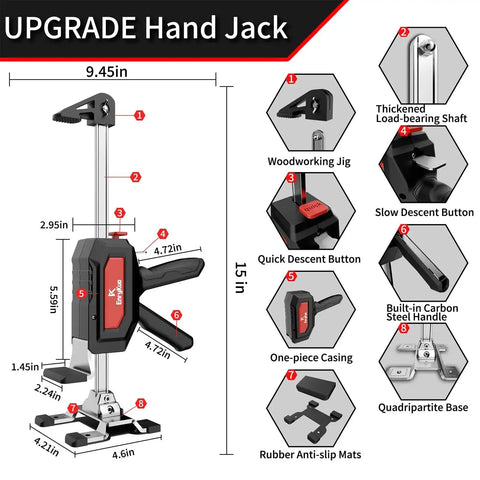 Diagram of Stainless Steel Arm Jack 2 Pack With Dual Speed Descent For Cabinet Installations, showing features and dimensions.