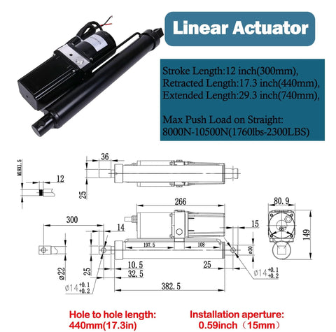 Diagram and specifications of Heavy Duty Workhorse 12V DC Electric Linear Actuator with 12 Inch Stroke for Dump Trailers and Lift Tables