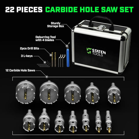Tungsten Carbide Hole Saw Kit With 22 Pieces For Metal Stainless Steel And Wood Includes 2 Drill Bits Deburring Tool 4 Blades 3 Allen Wrenches And Titanium Plated Pilot Drill For Heavy Duty DIY And Industrial Use