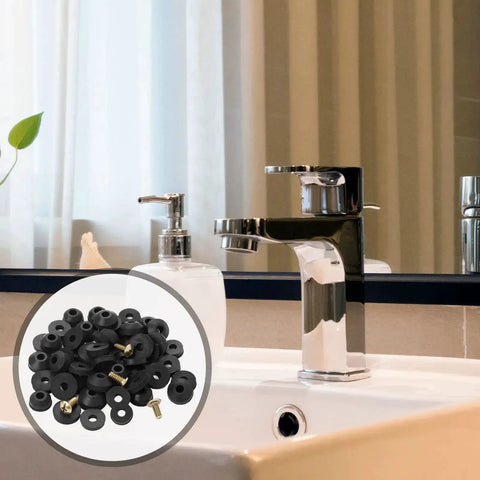 Faucet Washer Repair Kit With 58 Pack Flat And Beveled Rubber Washers And Brass Screws For Quick DIY Leak Fix next to a bathroom faucet.