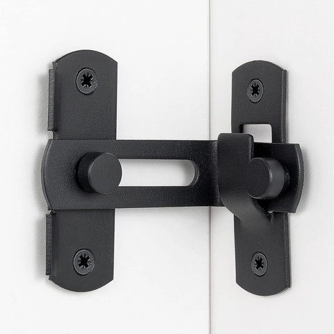 Matte Black 90 Degree Flip Barn Door Lock Latches, Stainless Steel Gate Latch installed on a white surface