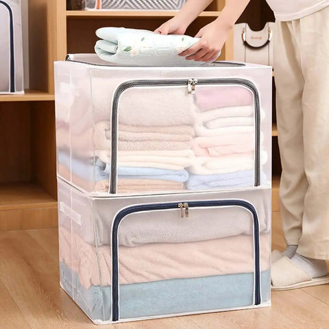 Two clear and gray Huge 80L Foldable Storage Bins Organizer with metal frame and durable handles stacked in a wardrobe setting.