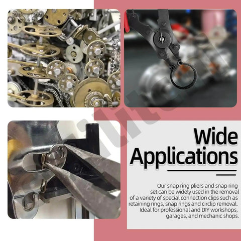 312 Pcs Snap Rings Kit With C Clips And E Clips shown with pliers in workshop settings, highlighting wide applications.