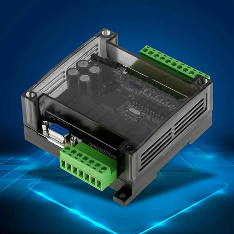 Beefed Up 24V DC PLC Controller For Interface Switching With 32 Bit MCU, shown in transparent casing on blue tech background