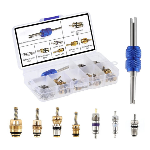 Amazon Car A/C valve core kit, 40 pcs, includes dual-head dismantling tool in clear plastic case