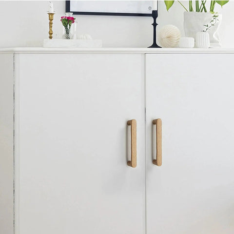 White cabinet with 6 Pack White Oak Wood Drawer Pulls Rustic Cabinet Handles For Dresser And Kitchen Furniture Hardware 3 Inch Center To Center Spacing 92 Mm Total Length 31 Mm High Natural Wood With Subtle Color Variations installed.