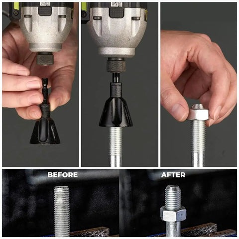 Versatile External Chamfer Tool For Deburring And Edge Cleanup With Tungsten Carbide Blade Fits One Eighth To Three Quarters Inch Capacity For Round Stock Screws Bolts And Fasteners Go-To Tool By Luckyway shown in use on a metal rod before and after chamfering.