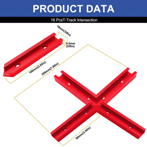 Pro Grade T Track Intersection Kit for Woodworking with Screws, Universal Double Cut Jig Profile T Tracks Red Finish, dimensions shown