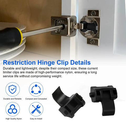 Premium 50 Pack Cabinet Hinge Restrictor Clips For Blumotion Compact Hinges 86 Degree Opening Soft Close Installed View