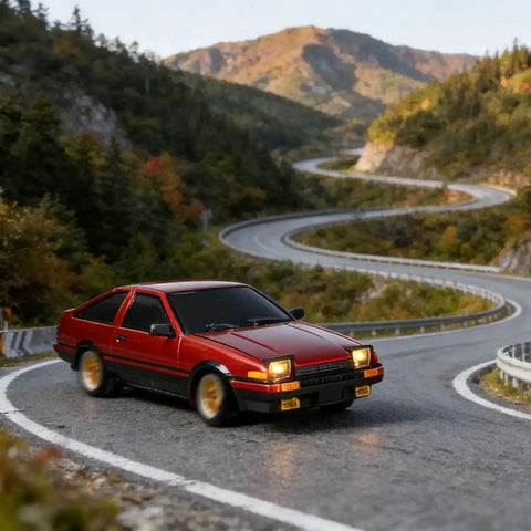 One Eighteen Scale RC Drift Car With Gyro Stabilization In Vintage Red on curved mountain road
