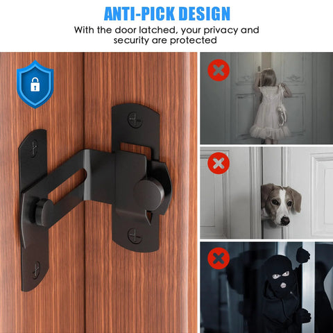 90 Degree Flip Barn Door Lock For Privacy And Security Hook Gate Latch installed on wooden door, black