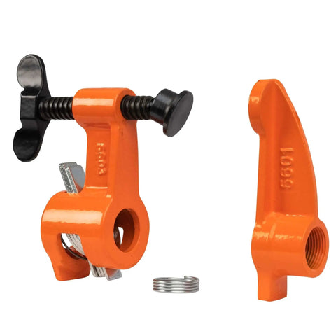 Pro Grade Deep Reach Clamp And Spreader Fixture For Three Quarters Inch Pipe With Two And A Half Inch Reach Micro Adjustable Tightness From The Outboard End Reversible Fixed Head And Works With Black Or Galvanized Pipe shown separated and side by side