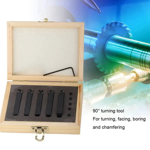 Pro Grade Carbide Turning Tool Set Five Sixteenth Inch With 60 Degree 75 Degree And 90 Degree Tools In Hardwood Box For Versatile Cutting Boring And Chamfering Everyday, open hardwood box with tools.