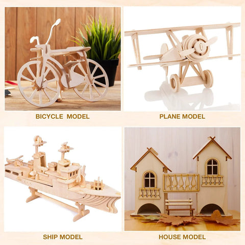 Wooden models of a bicycle, plane, ship, and house made from 12 Pack Basswood Sheets For Crafts And Laser Engraving 18 By 24 By 1 8 Inch 3mm Thick Unfinished Wood Boards With Smooth Surfaces For CNC Cutting DIY Projects And Architectural Models.