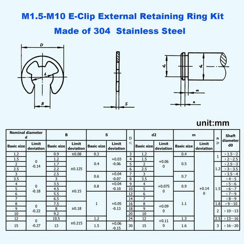 Technical diagram and dimensions of 250 Piece Stainless Steel E Clip External Retaining Ring Assortment Kit Ten Metric Sizes