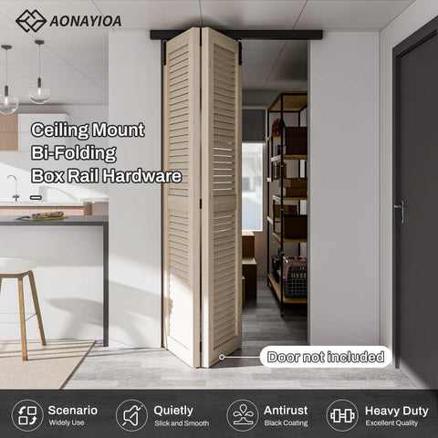 36 Inch Ceiling Mount Box Rail Hardware For Bifold Sliding Barn Doors Heavy Duty Aluminum Alloy Track Kit installed view